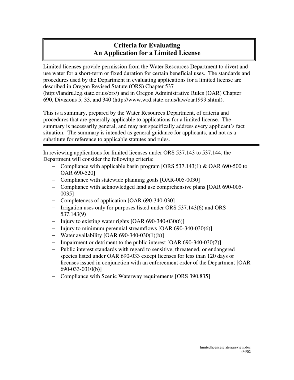 Criteria for Evaluating an Application for a Limited License - Oregon, Page 1