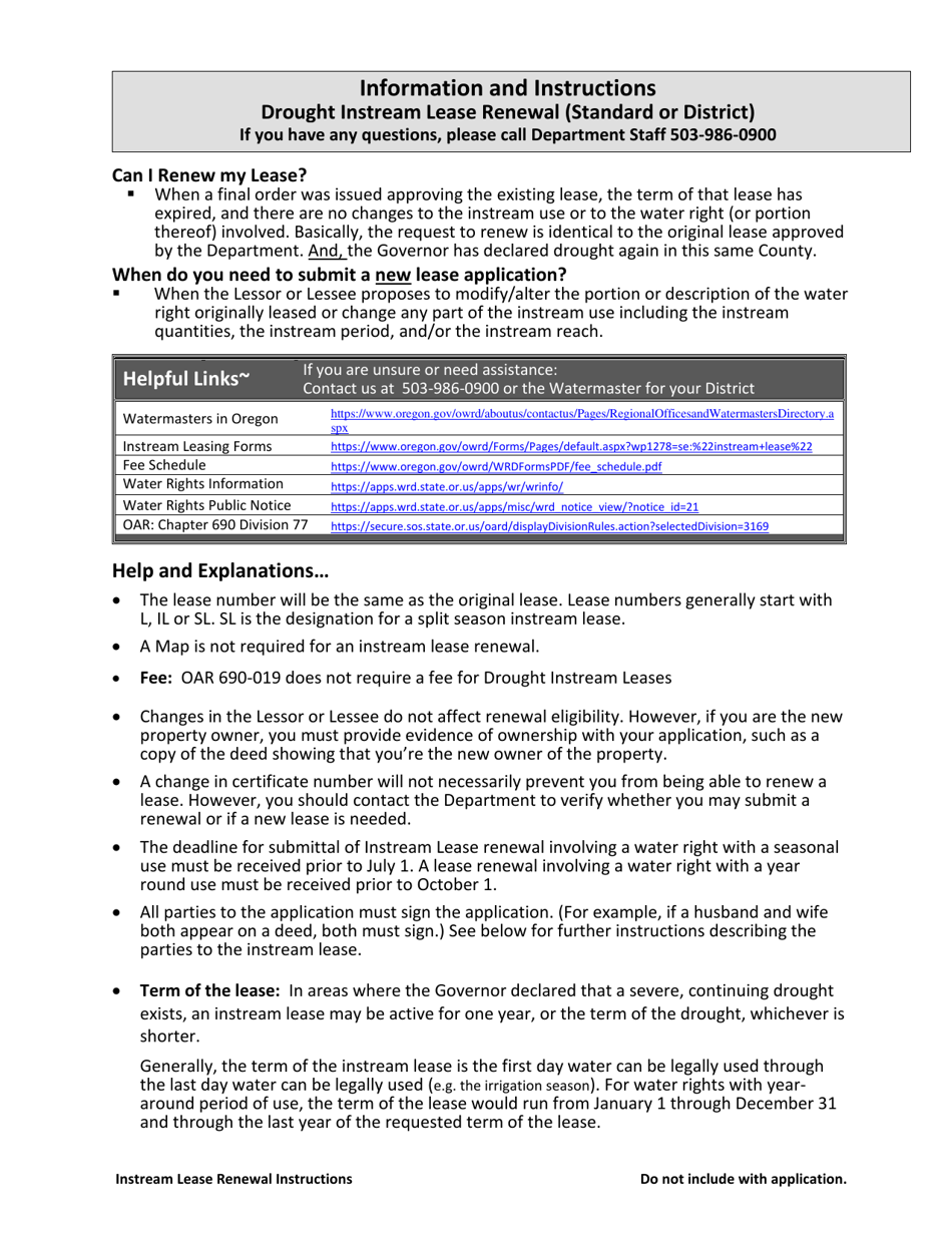 Drought Instream Lease (Standard or District) Renewal Application - Oregon, Page 1