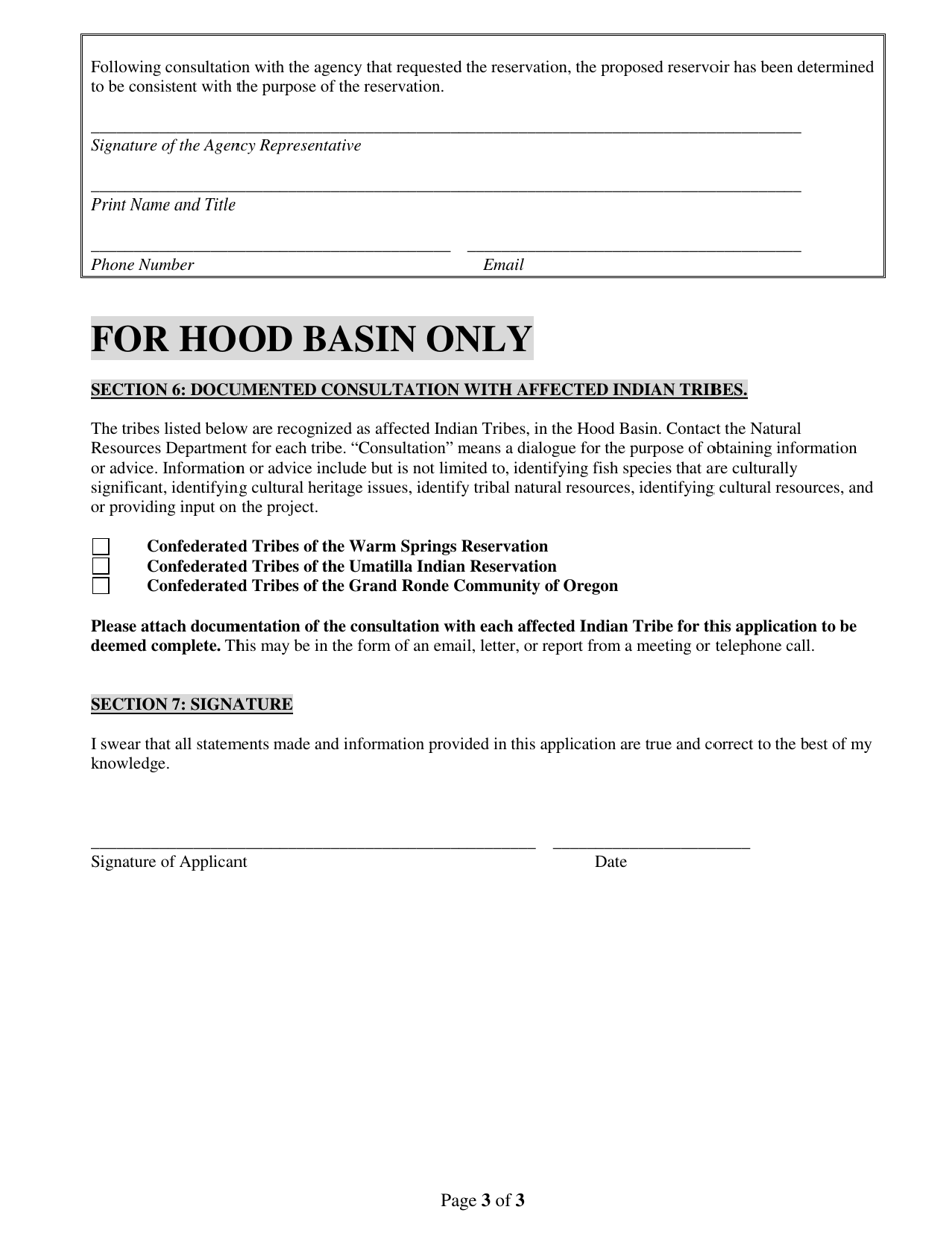 Supplemental Form to Store Reserved Water in a Reservoir - Oregon, Page 3
