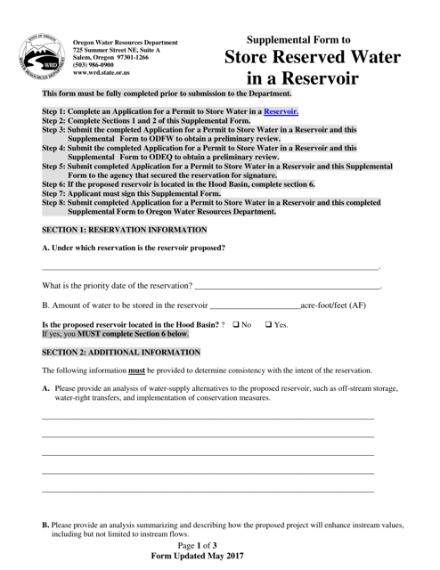 Supplemental Form to Store Reserved Water in a Reservoir - Oregon Download Pdf