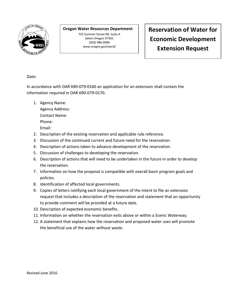 Reservation of Water for Economic Development Extension Request - Oregon, Page 1