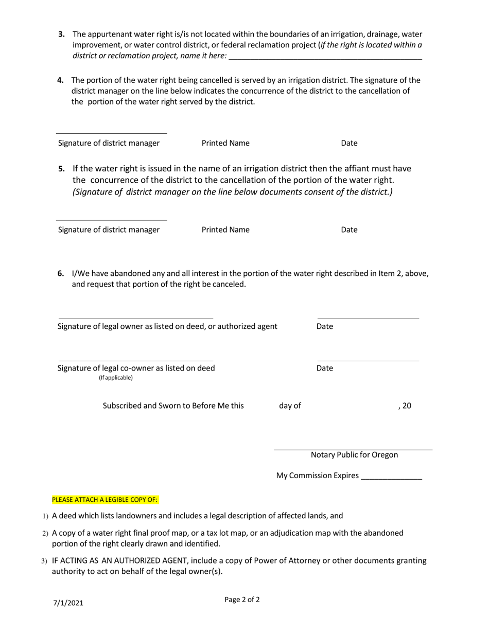 Affidavit for the Voluntary Cancellation of a Portion of a Water Right Certificate - Oregon, Page 2