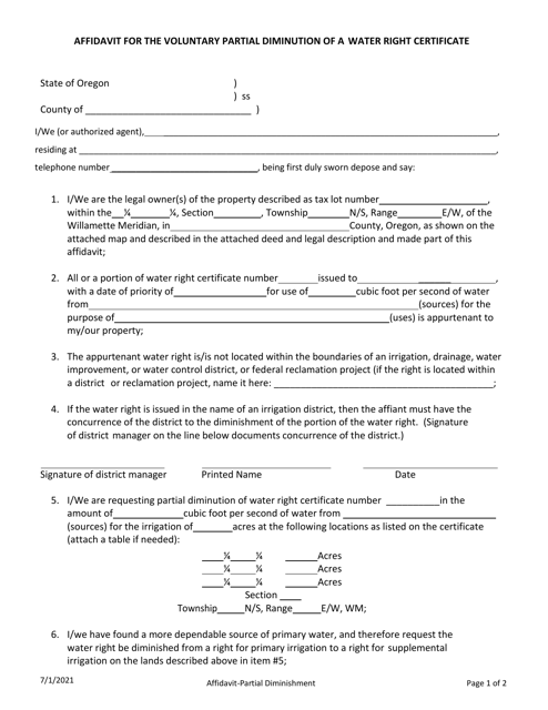 Affidavit for the Voluntary Partial Diminution of a Water Right Certificate - Oregon Download Pdf