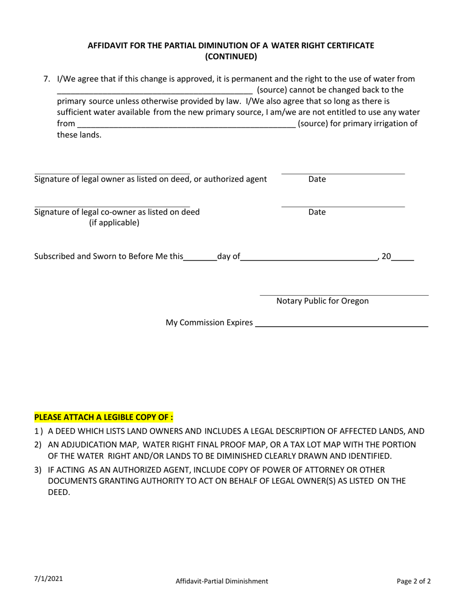 Affidavit for the Voluntary Partial Diminution of a Water Right Certificate - Oregon, Page 2
