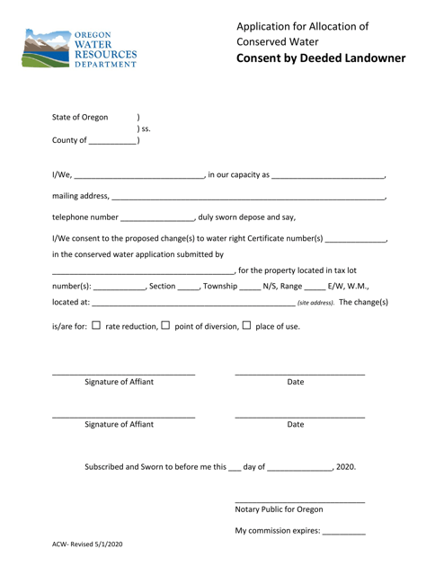 Application for Allocation of Conserved Water - Consent by Deeded Landowner - Oregon Download Pdf