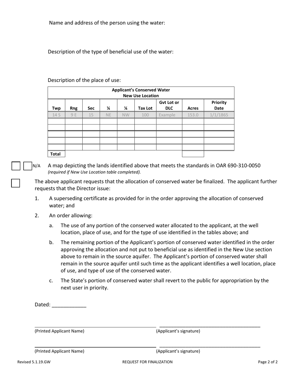 Allocation of Conserved Water - Groundwater Request for Finalization - Oregon, Page 2