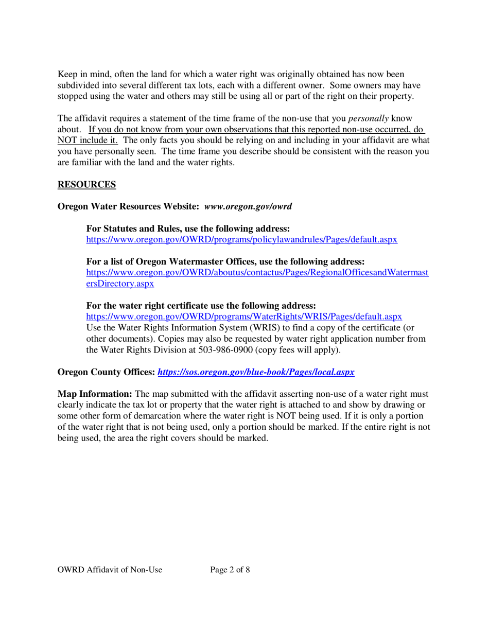 Affidavit Asserting Non-use of Water Right - Oregon, Page 2