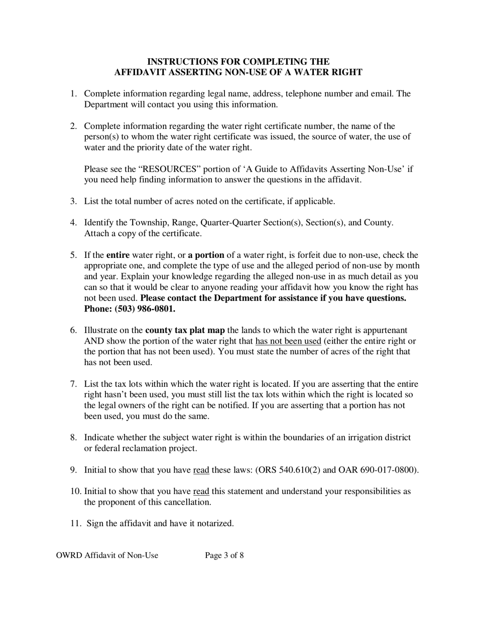 Affidavit Asserting Non-use of Water Right - Oregon, Page 3