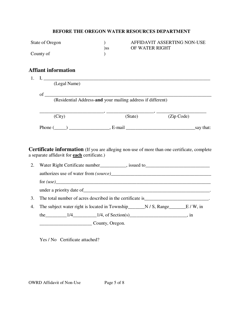 Affidavit Asserting Non-use of Water Right - Oregon, Page 5