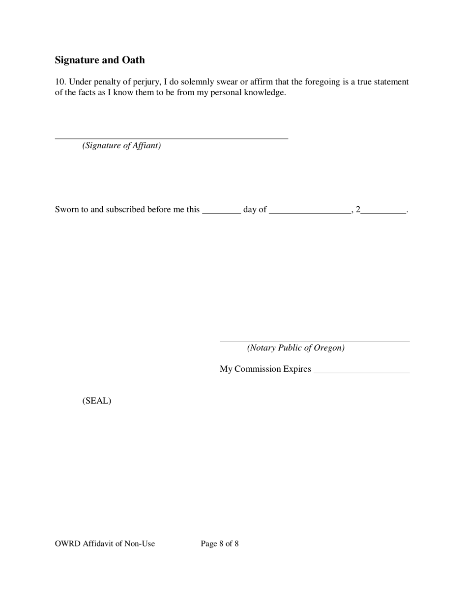 Affidavit Asserting Non-use of Water Right - Oregon, Page 8