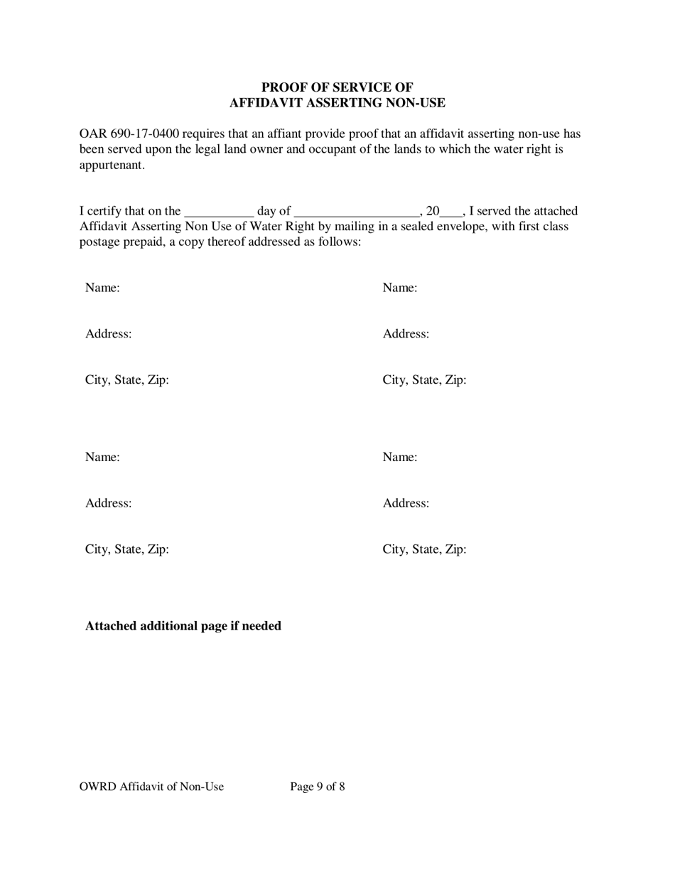 Affidavit Asserting Non-use of Water Right - Oregon, Page 9