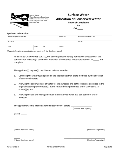 Allocation of Conserved Water - Surface Water Notice of Completion - Oregon Download Pdf