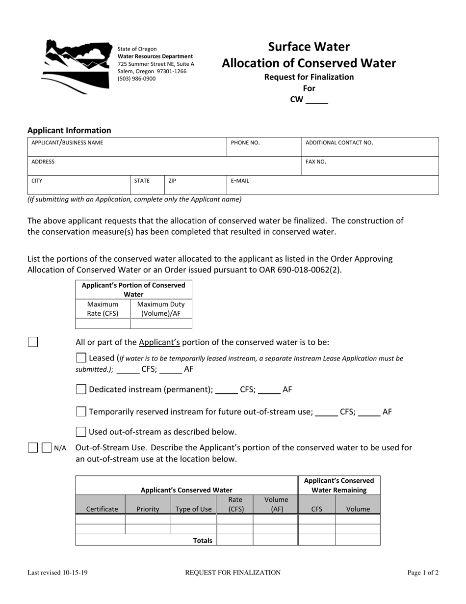 Allocation of Conserved Water - Surface Water Request for Finalization - Oregon, Page 1