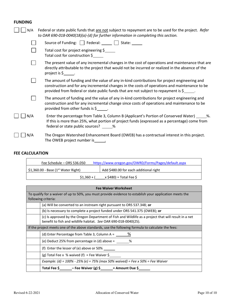 Allocation of Conserved Water - Suface Water Application - Oregon, Page 10