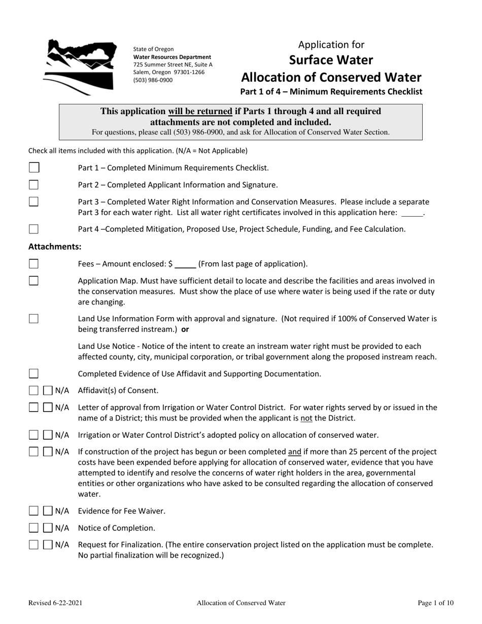Allocation of Conserved Water - Suface Water Application - Oregon, Page 1