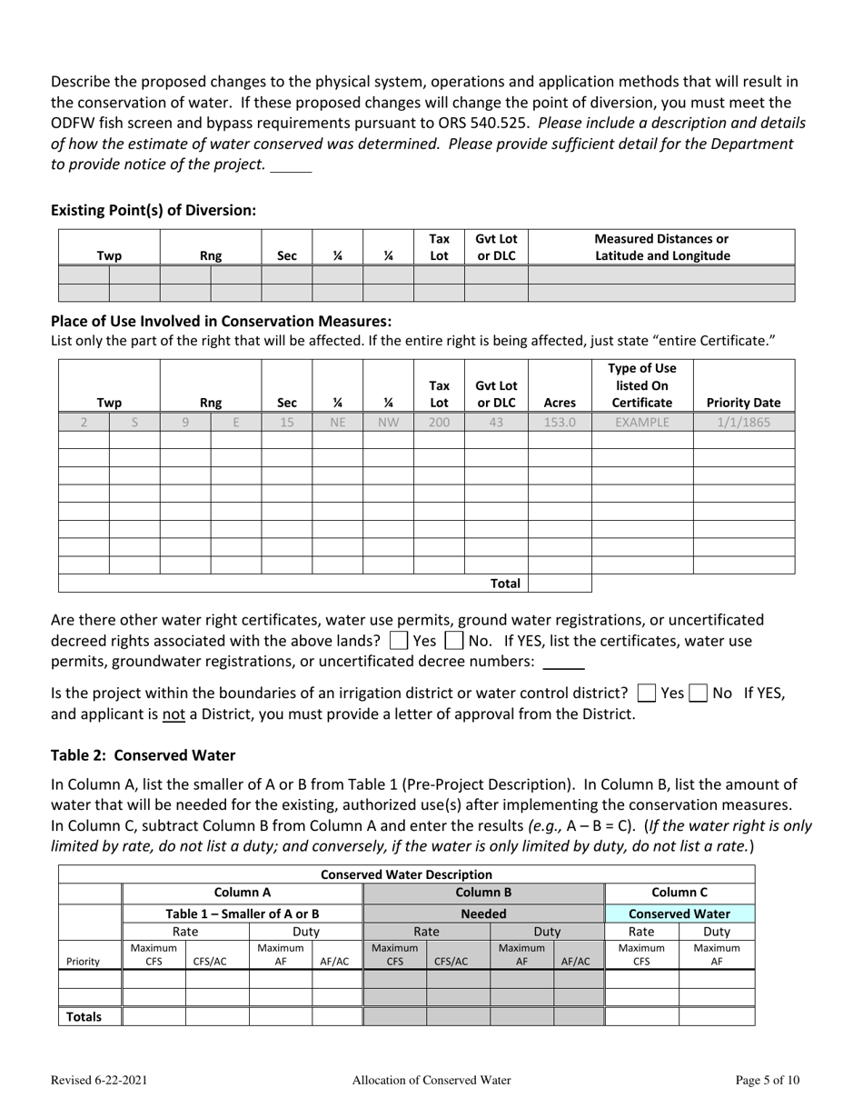 Allocation of Conserved Water - Suface Water Application - Oregon, Page 5
