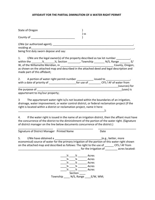 Affidavit for the Partial Diminution of a Water Right Permit - Oregon Download Pdf