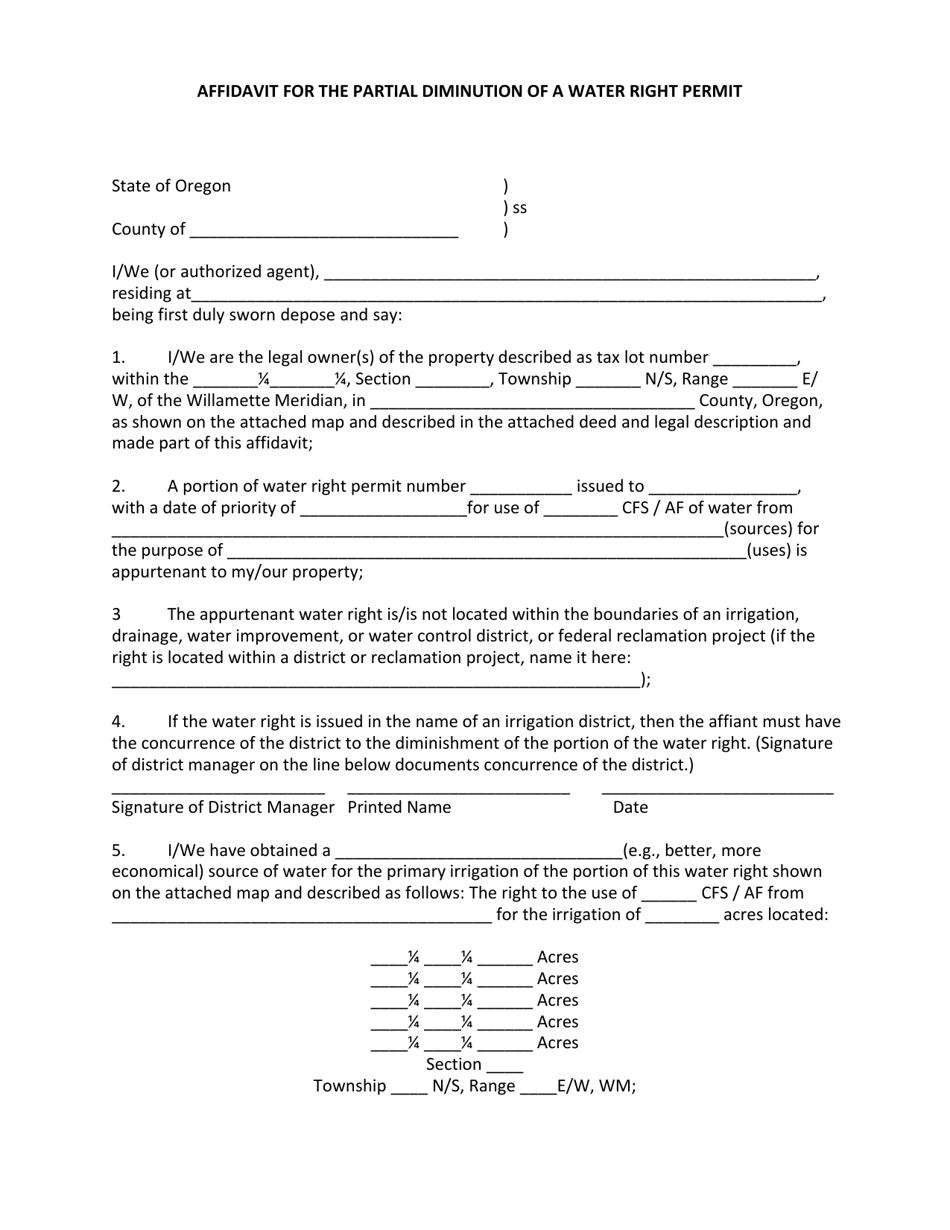 Affidavit for the Partial Diminution of a Water Right Permit - Oregon, Page 1