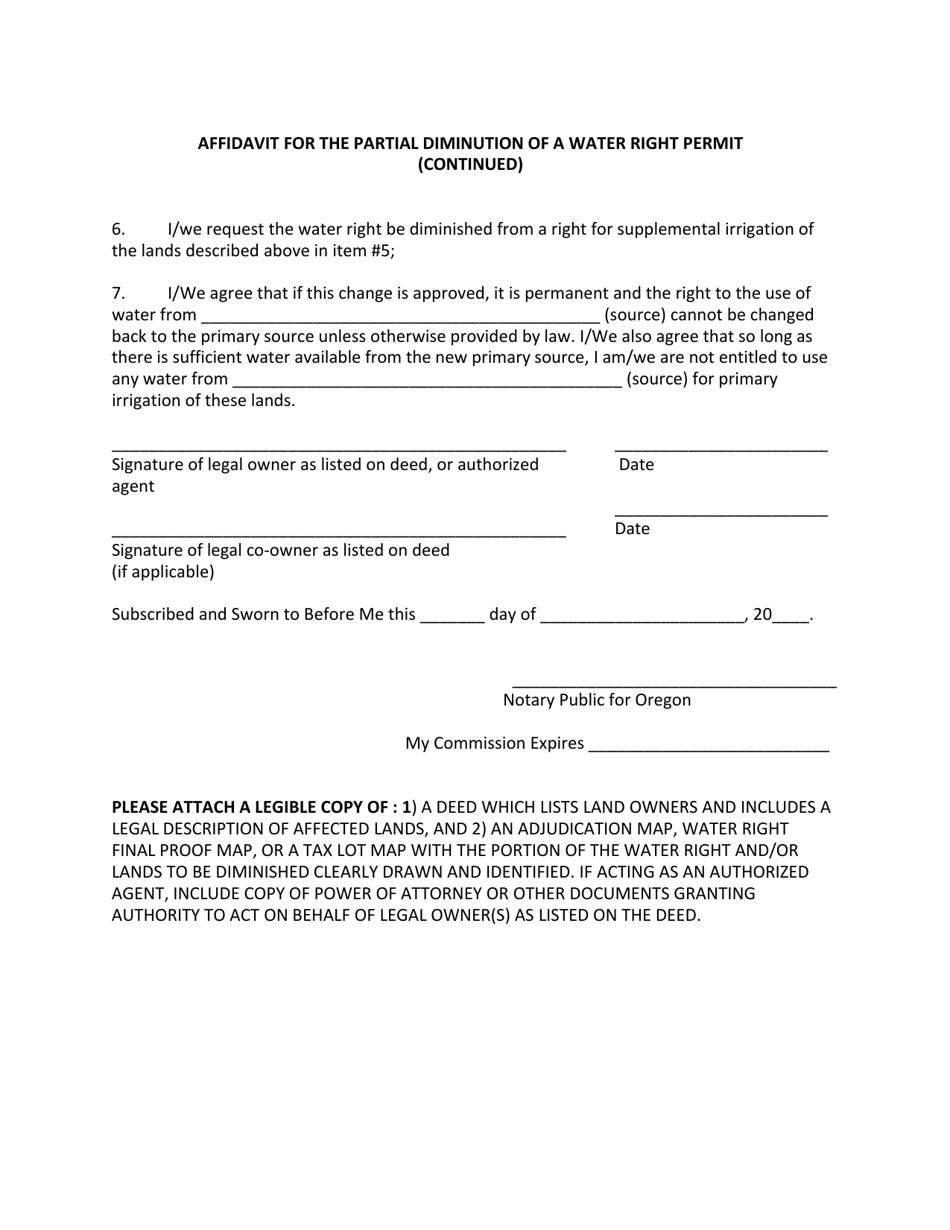 Affidavit for the Partial Diminution of a Water Right Permit - Oregon, Page 2