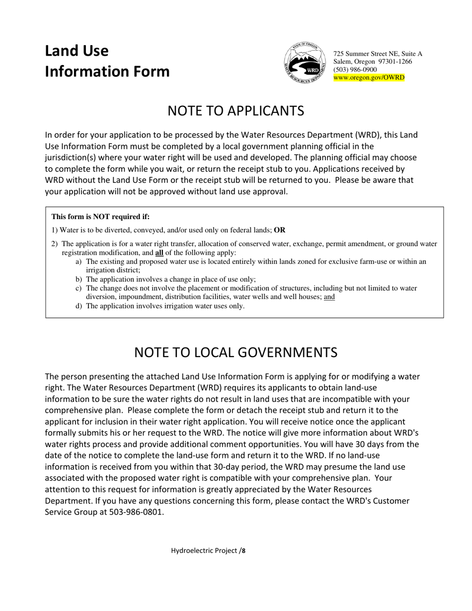 Application to Develop a Minor Hydroelectric Project (Less Than 100 Theoretical Horsepower) - Oregon, Page 8