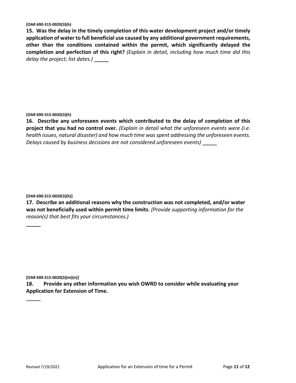 Application for Extension of Time for a Water Right Permit (Non-municipal / Non Quasi-Municipal Water Use) - Oregon, Page 11
