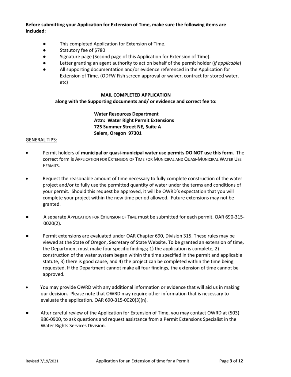 Application for Extension of Time for a Water Right Permit (Non-municipal / Non Quasi-Municipal Water Use) - Oregon, Page 3