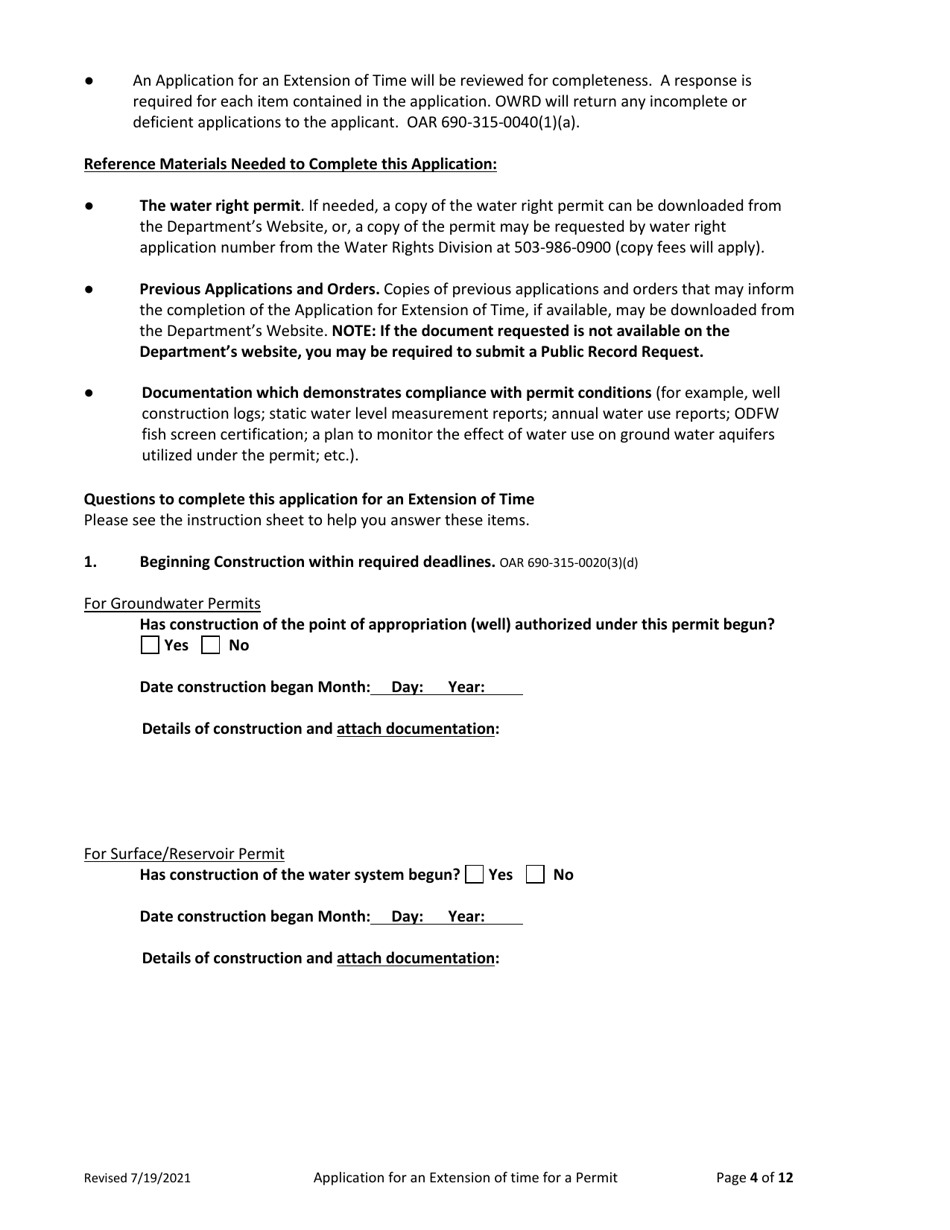 Application for Extension of Time for a Water Right Permit (Non-municipal / Non Quasi-Municipal Water Use) - Oregon, Page 4