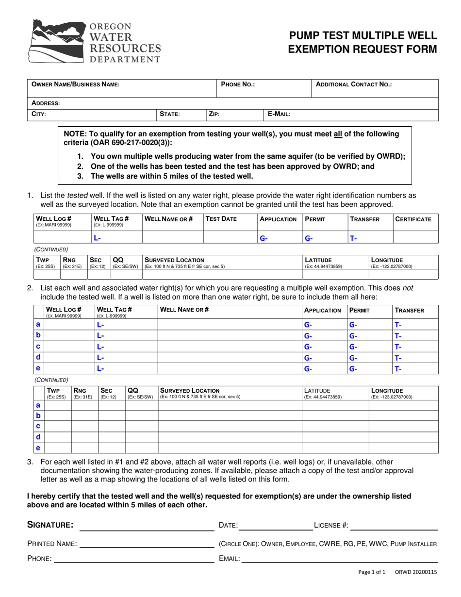 Pump Test Multiple Well Exemption Request Form - Oregon, Page 1