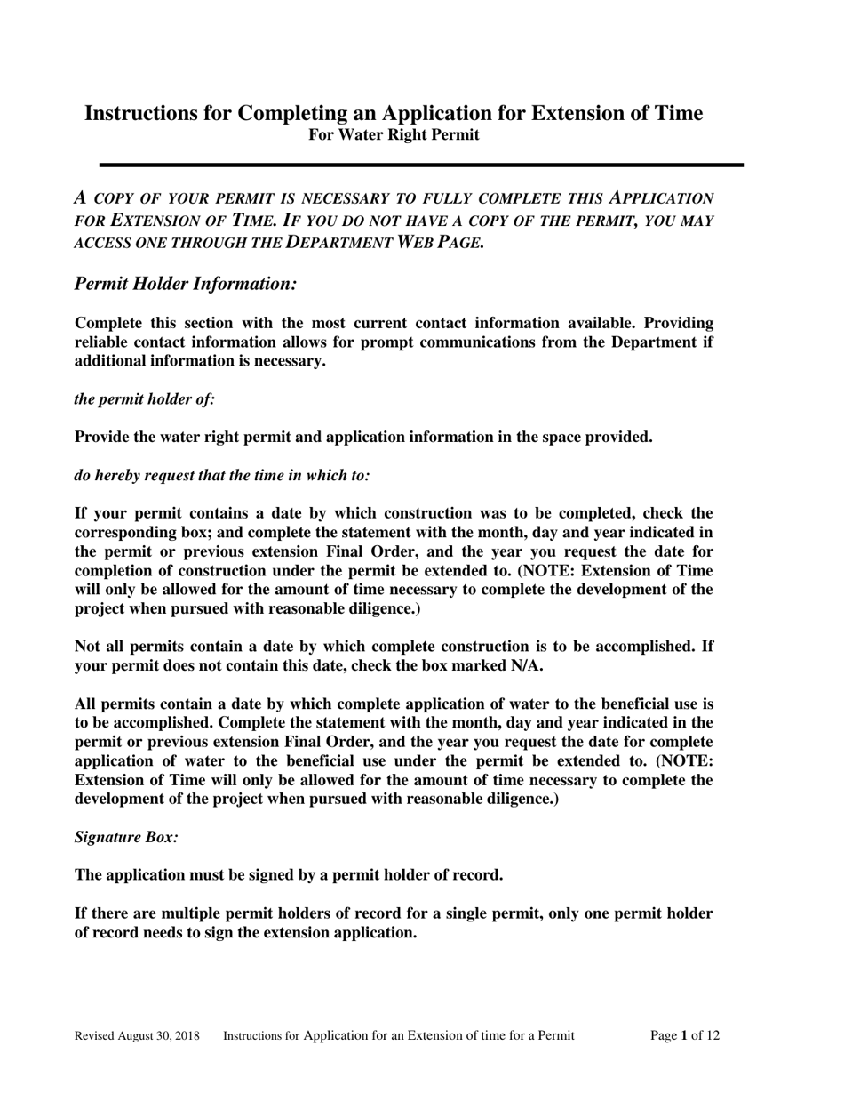 Instructions for Completing an Application for Extension of Time for Water Right Permit - Oregon, Page 1