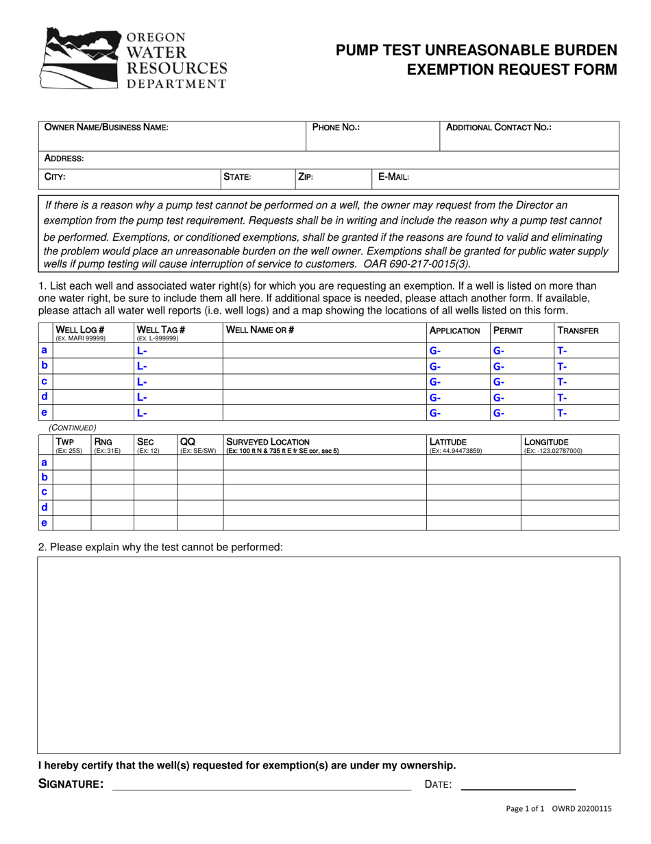 Pump Test Unreasonable Burden Exemption Request Form - Oregon, Page 1