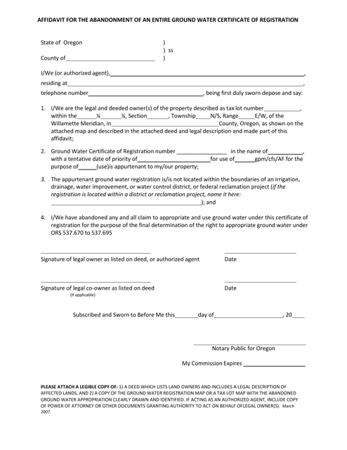 Affidavit for the Abandonment of an Entire Groundwater Certificate of Registration - Oregon Download Pdf