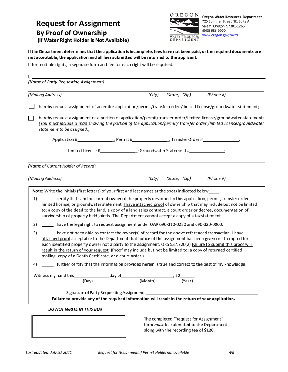 Request for Assignment by Proof of Ownership - Oregon, Page 1