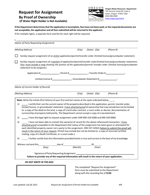 Request for Assignment by Proof of Ownership - Oregon