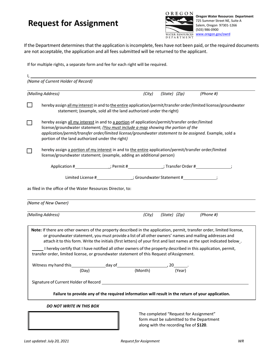 Request for Assignment - Oregon, Page 1