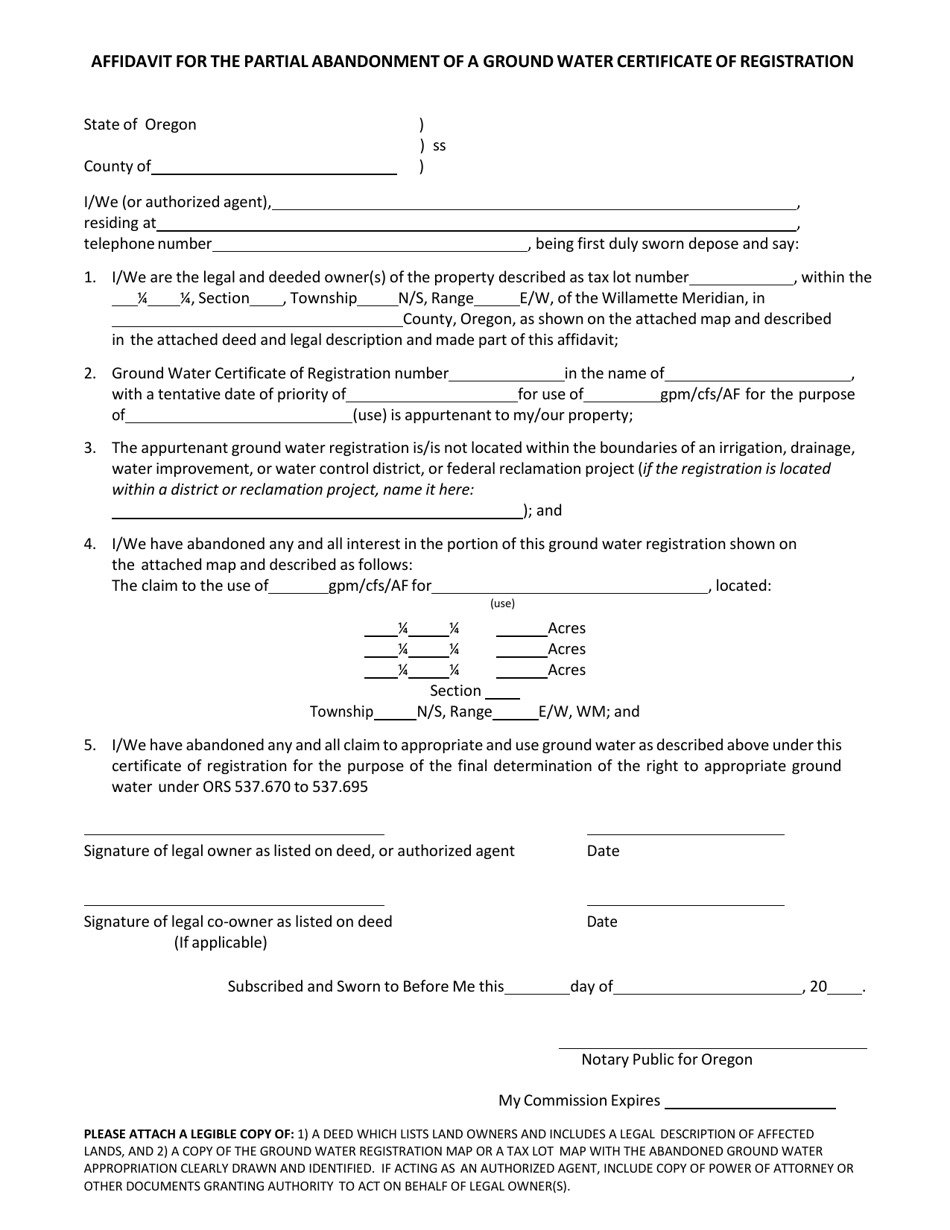 Oregon Affidavit for the Partial Abandonment of a Groundwater ...