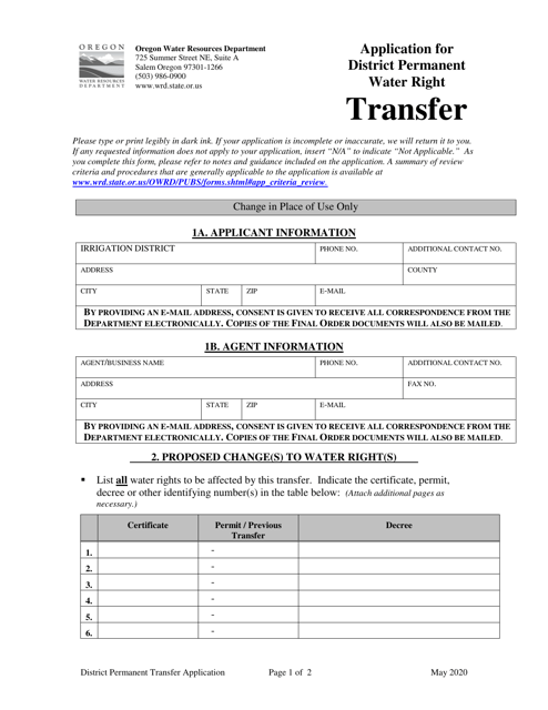 Application for District Permanent Water Right Transfer - Oregon Download Pdf