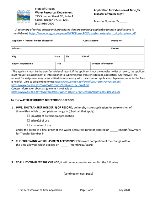 Application for Extension of Time for Transfer of Water Right - Oregon Download Pdf