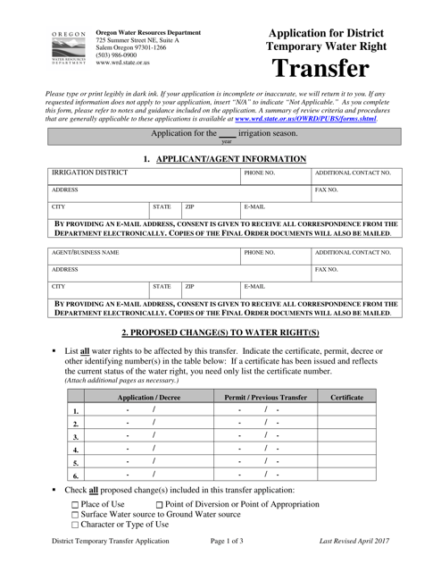 Application for District Temporary Water Right Transfer - Oregon Download Pdf