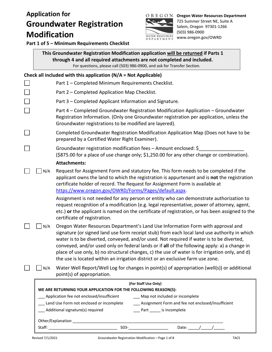 Application for Groundwater Registration Modification - Oregon, Page 1