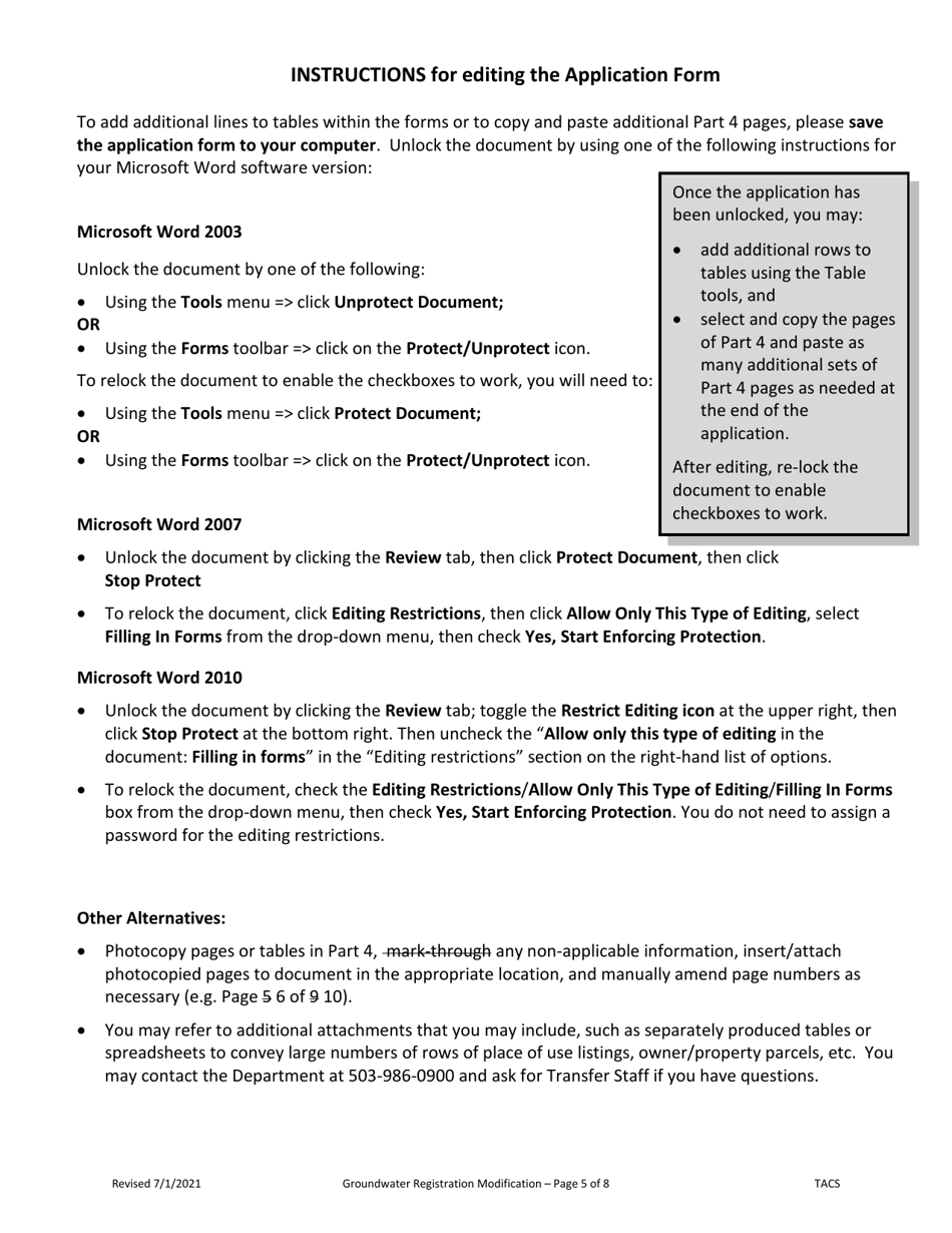 Application for Groundwater Registration Modification - Oregon, Page 5