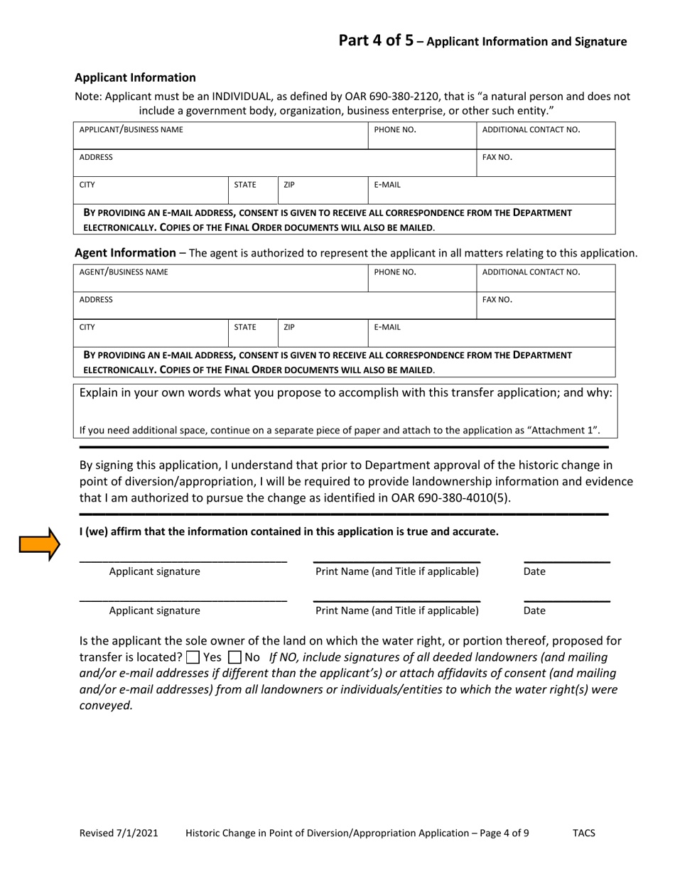 Application for Historic Change in Point of Diversion / Appropriation - Oregon, Page 4