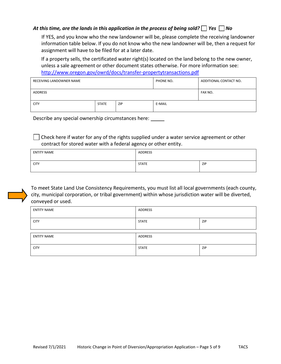 Application for Historic Change in Point of Diversion / Appropriation - Oregon, Page 5