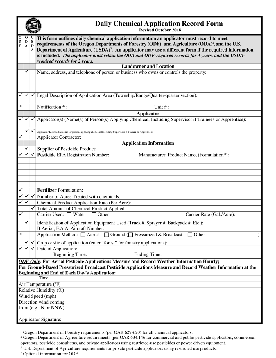 Daily Chemical Application Record Form - Oregon, Page 1