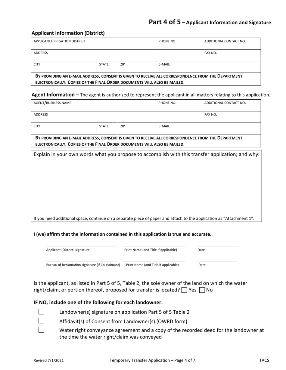 Application for Klamath Basin Adjudication Determined Claim (Temporary Transfer) - Oregon, Page 4