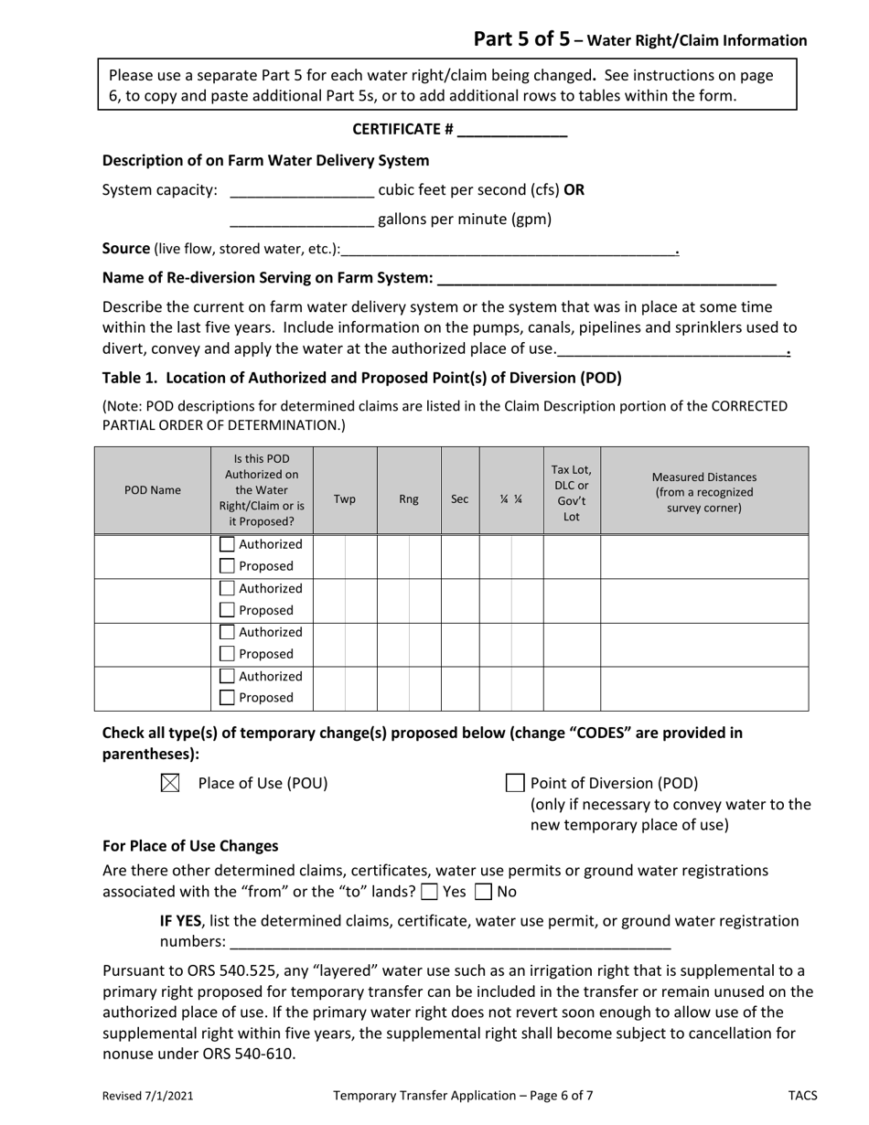 Application for Klamath Basin Adjudication Determined Claim (Temporary Transfer) - Oregon, Page 6