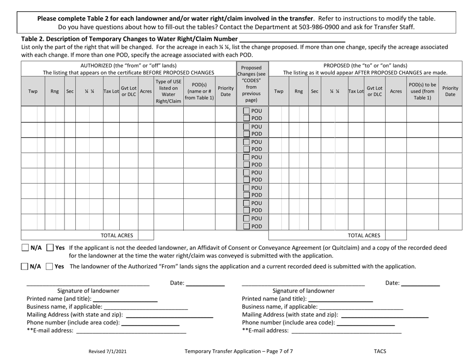 Application for Klamath Basin Adjudication Determined Claim (Temporary Transfer) - Oregon, Page 7