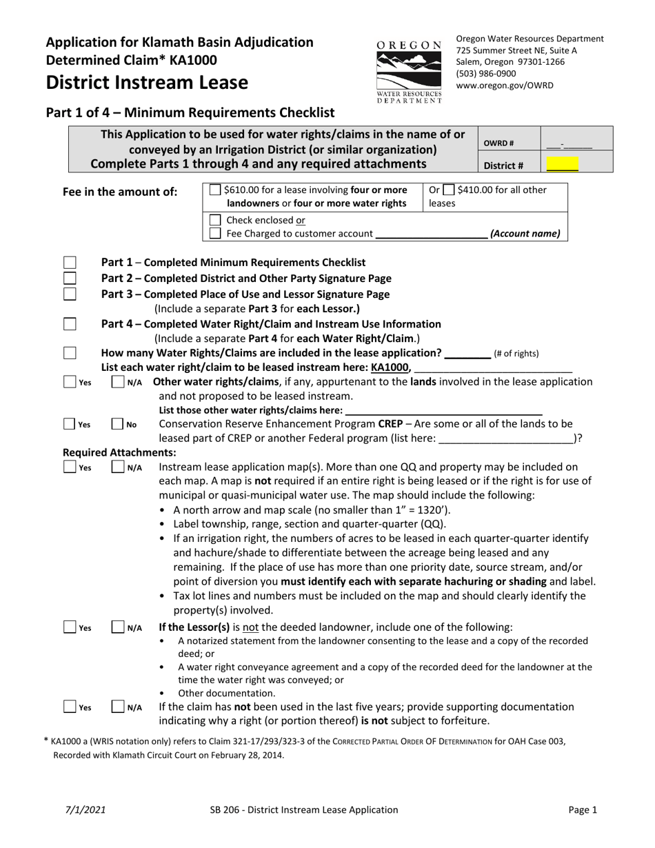 Application for Klamath Basin Adjudication Determined Claim Ka1000 (District Instream Lease) - Oregon, Page 1