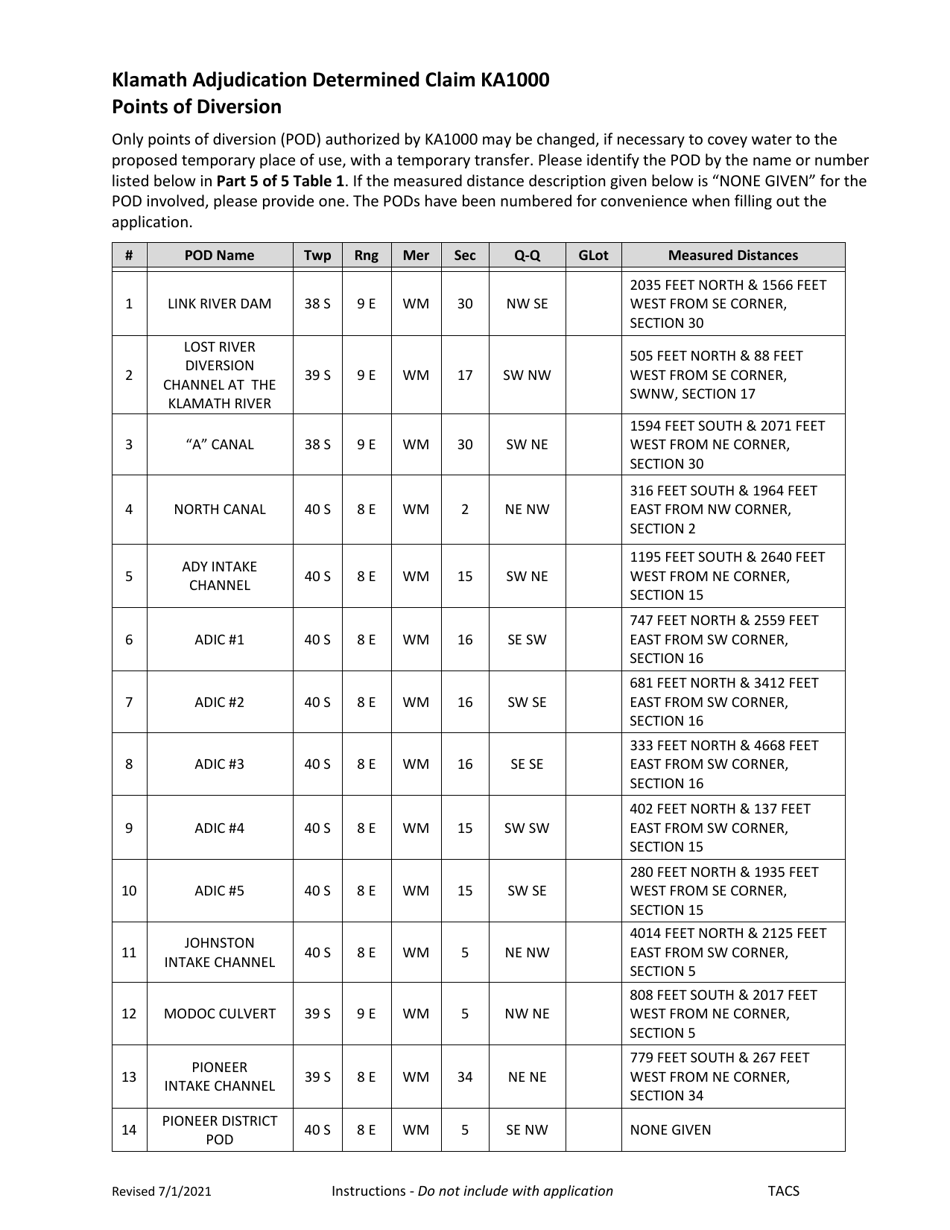 Application for Klamath Basin Adjudication Determined Ka1000 (Temporary Transfer) - Oregon, Page 9