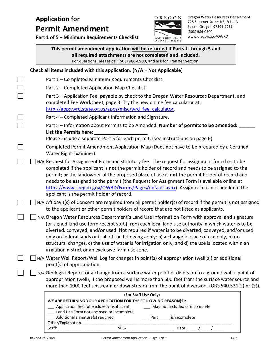 Application for Permit Amendment - Oregon, Page 1