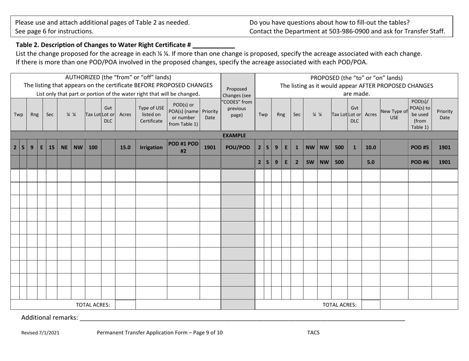 Application for Permanent Water Right Transfer - Oregon, Page 9